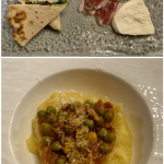 piada di grani antichi del Montefeltro ed erbe selvatiche, squacquerone, raviggiolo e prosciutto; primo: polenta con sugo matto di piselli, pancetta e pecorino piada di grani antichi del Montefeltro ed erbe selvatiche, squacquerone, raviggiolo e prosciutto; primo: polenta con sugo matto di piselli, pancetta e pecorino