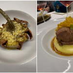 Il carciofo con fonduta di pecorino e polvere di liquirizia; guancia di vitello con crema di patate e cialda al pecorino.