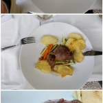 Dal menu: paccheri con asparagi e guanciale croccante in crema di asparagi; stracotto di guancia di vitella con verdure e chips di patate