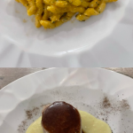 busiate al pesto mandorlato e guanciale; filetto di maialino