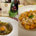 Uovo in camicia con tartufo, porri e patate; gnocchi con pomodoro arrosto, limone, basilico e provolone del monaco